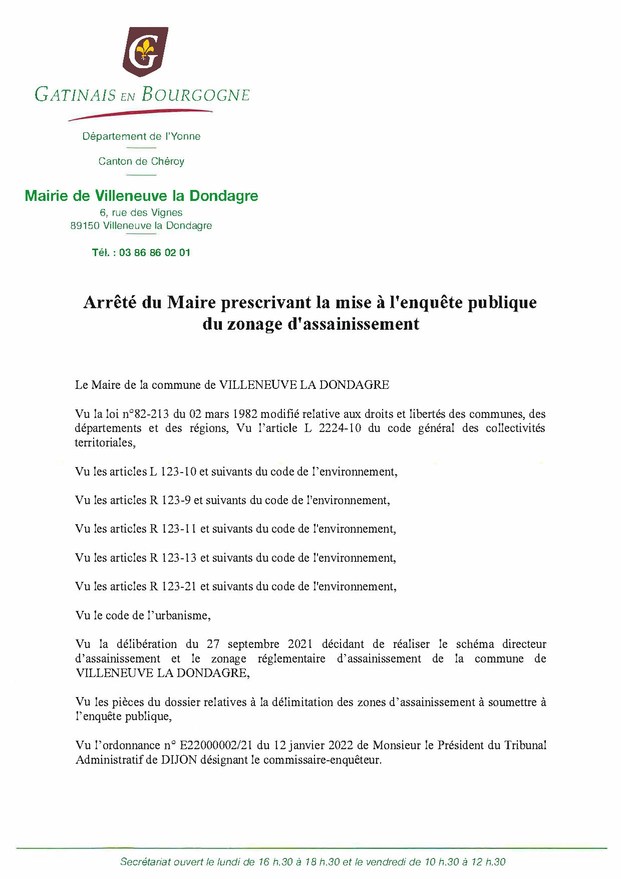 Arrêté enquête publique du zonage d'assainissement PDF